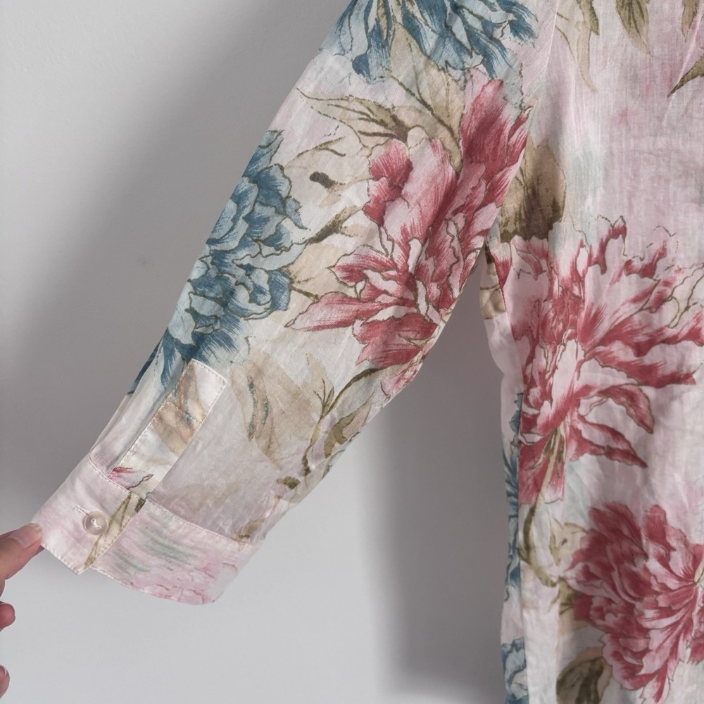 Chico's Floral Button-Up Blouse in Pink, Blue, Olive - Picture 7 of 9